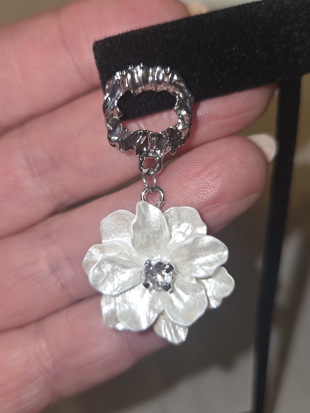 Silvertone White Floral Drop Earrings with Crystal Center